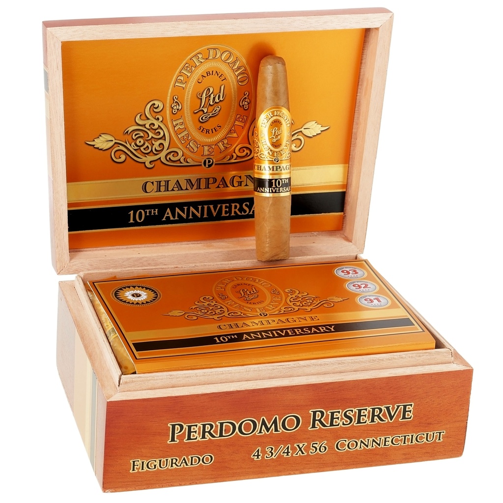 Perdomo 10th Anniversary Reserve Connecticut Champagne Figurado Box of 25 - 4" 3/4 x 56