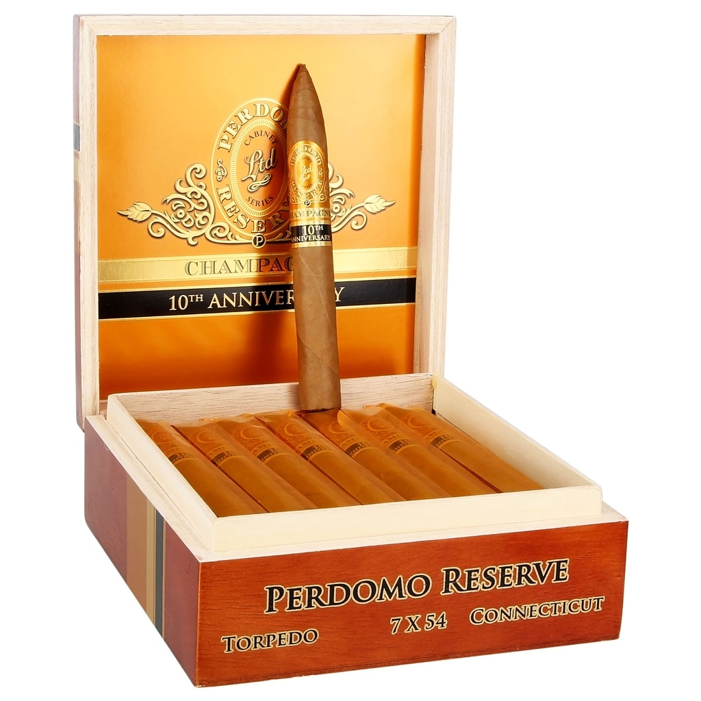 Perdomo 10th Anniversary Reserve Connecticut Champagne Torpedo Box of 25 - 7" x 54